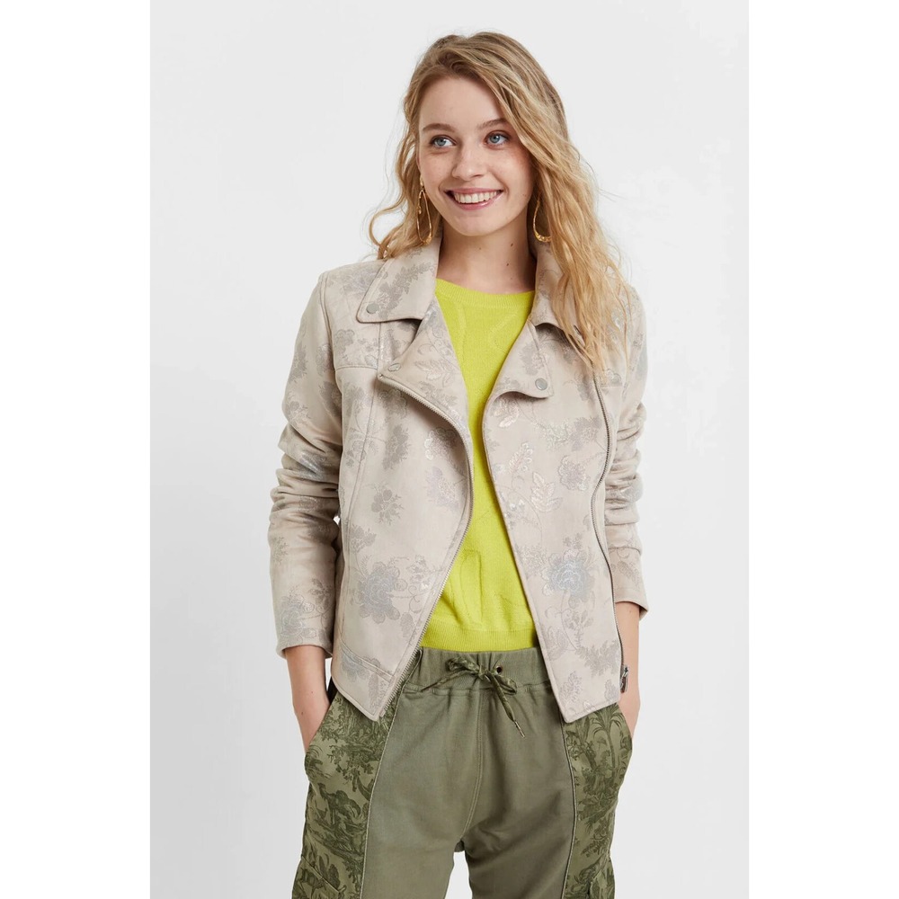 Desigual Astrid Metallic Faux Suede Flower Moto Jacket Cream Size 36 XS